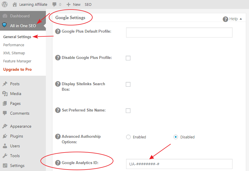 WordPress All in One SEO Google Analytics ID field