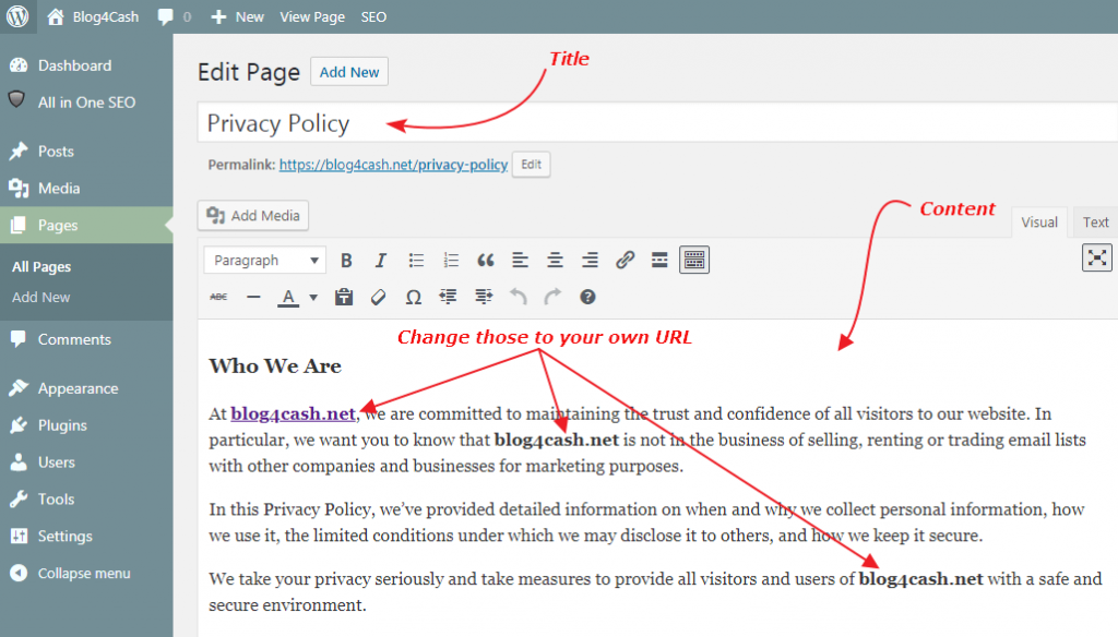 WordPress privacy policy page