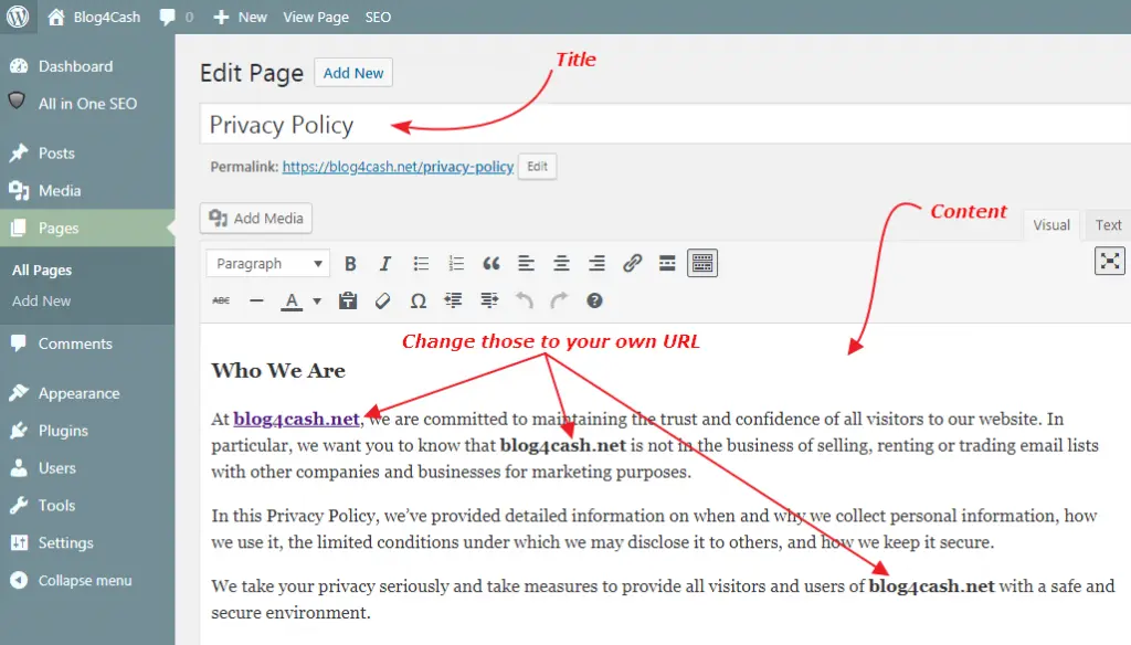 WordPress privacy policy page