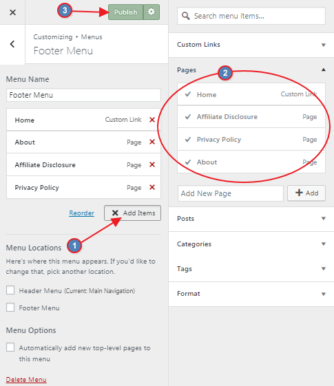 Add pages to your footer menu