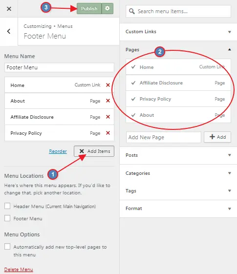 Add pages to your footer menu