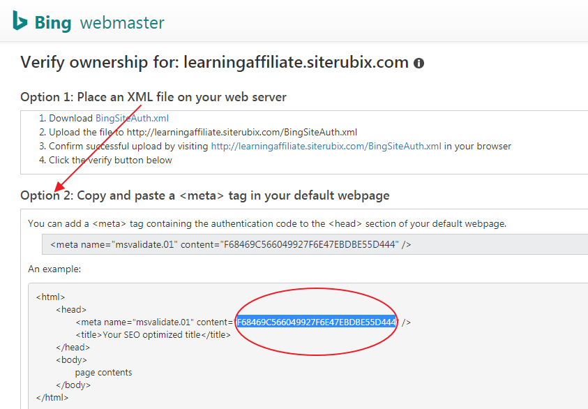 Bing webmaster tools verification code