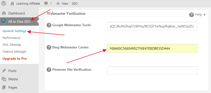 Bing verification code All in One SEO