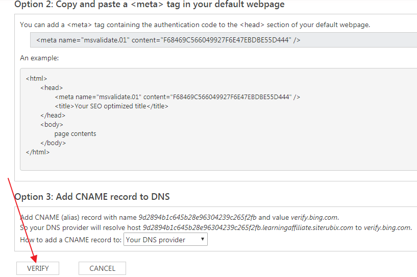 Verify Bing webmaster tools