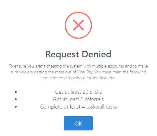 Viral Pay Cash-Out Request Denied
