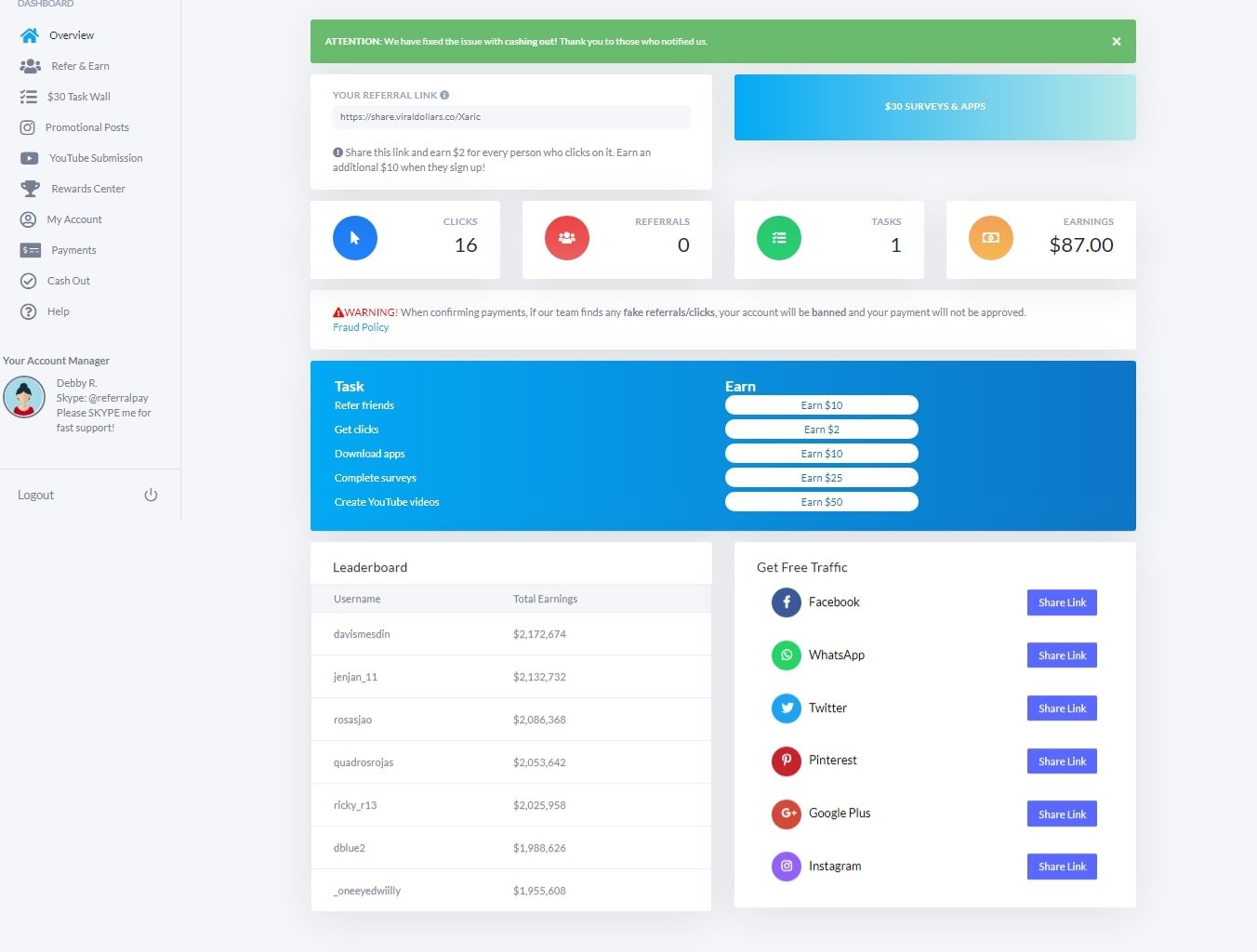 Viral Dollars Main Dashboard