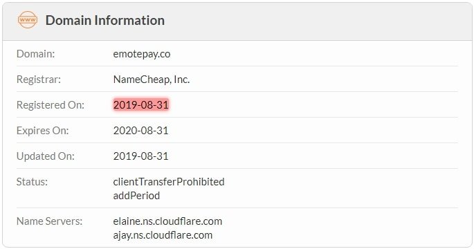 EmotePay Domain Name Registration Date