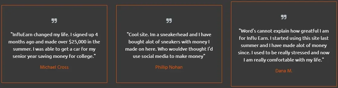 InfluEarn Fake Positive Testimonials