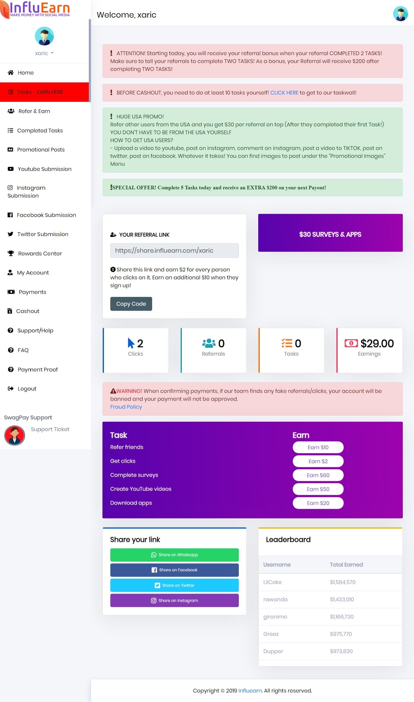 InfluEarn Main Members DashBoard