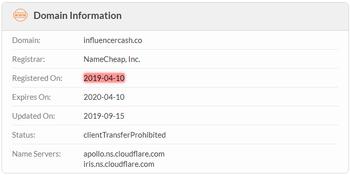 InfluencerCash.co Domain Name Registration Date