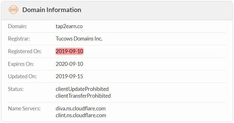 Tap2Earn.co Domain Name Registration Date