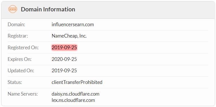 InfluencersEarn.com Domain Name Registration Date