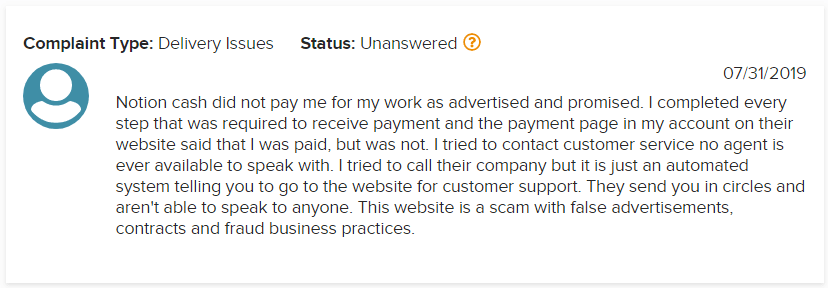 Notion Cash BBB Scam Complaint 1