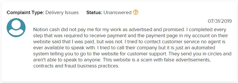 Notion Cash BBB Scam Complaint 1