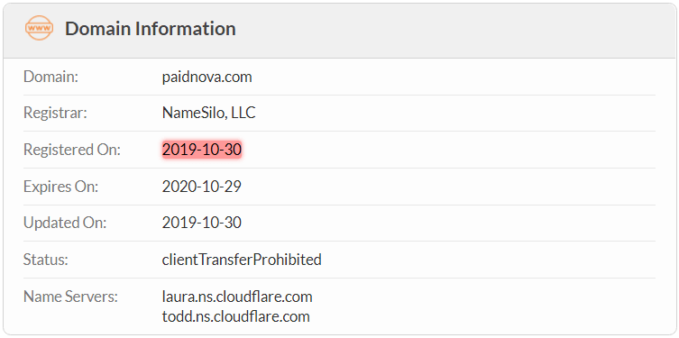 PaidNova.com Domain Name Registration Date