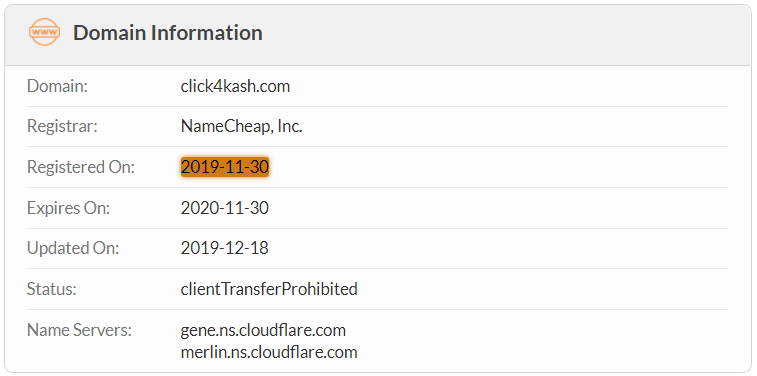 Click4Kash.com Domain Name Registration Date