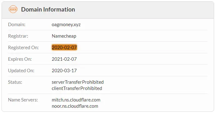 OagMoney.xyz Domain Name Registration Date