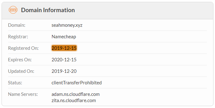 SeahMoney.xyz Domain Name Registration Date