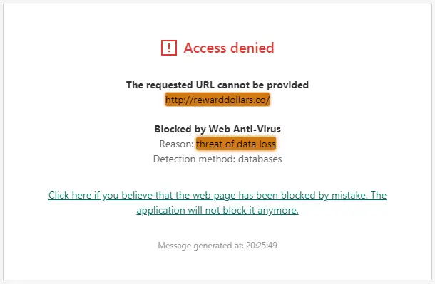 RewardDollars.co Antivirus Alert