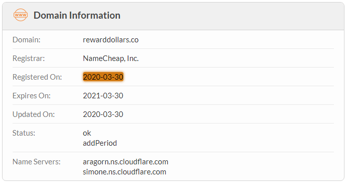 RewardDollars.co Domain Name Registration Date