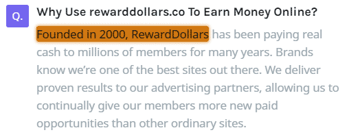 RewardDollars.co Fake Founding Date