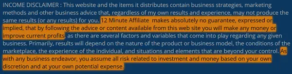 12 Minute Affiliate Income Disclaimer