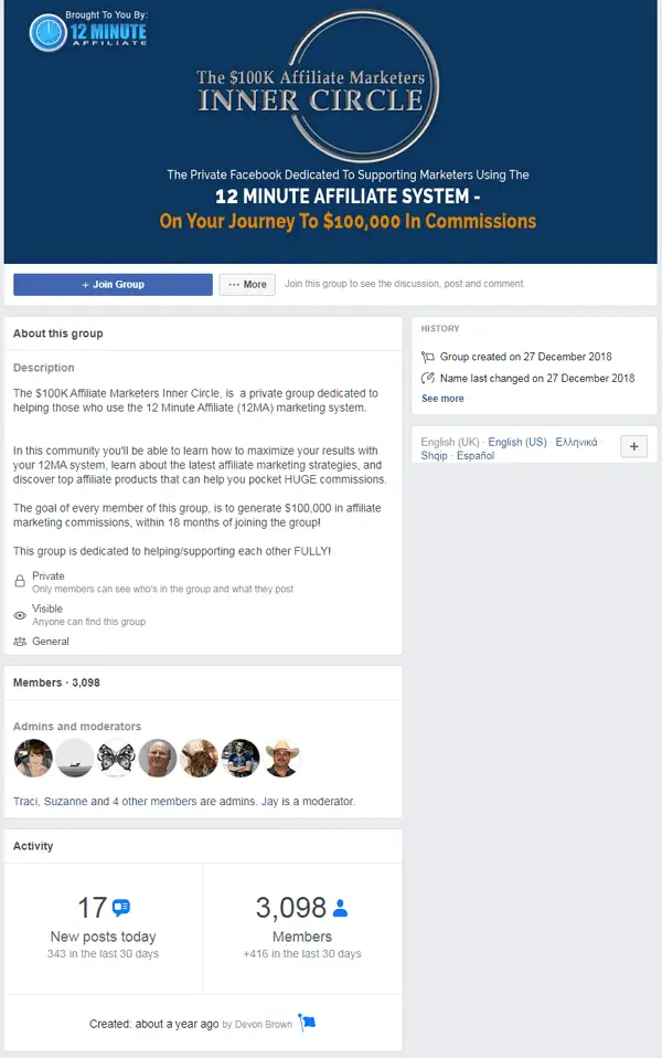 12 Minute Affiliate Private Facebook Group
