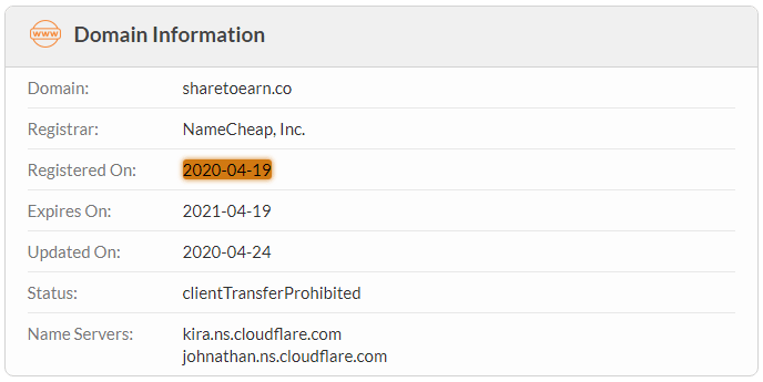 ShareToEarn.co Domain Name Registration Date