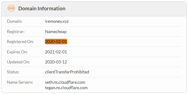 IreMoney.xyz Domain Name Registration Date