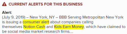 BBB KidsEarnMoney And Notion Cash Consumer Alert Warning