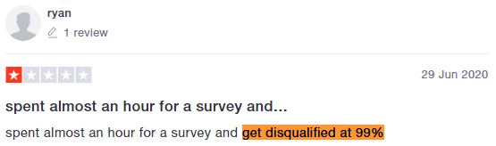 OpinionWorld Survey Disqualification Trustpilot Testimonial