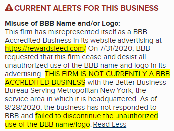 BBB Alert About RewardsFeed