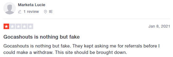 Trustpilot Negative GoCashouts Review 1