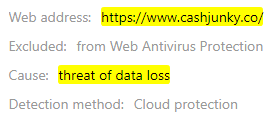 CashJunky.co Threat of Data Loss Antivirus Alert
