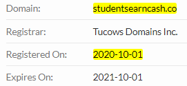 StudentsEarnCash.co Domain Name Registration Date