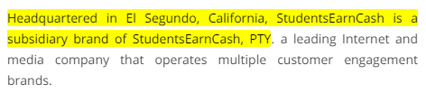 StudentsEarnCash.co Fake Company Info and US Adress