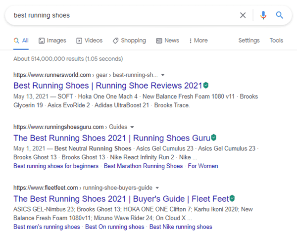 Google's Search Results For Best Running Shoes