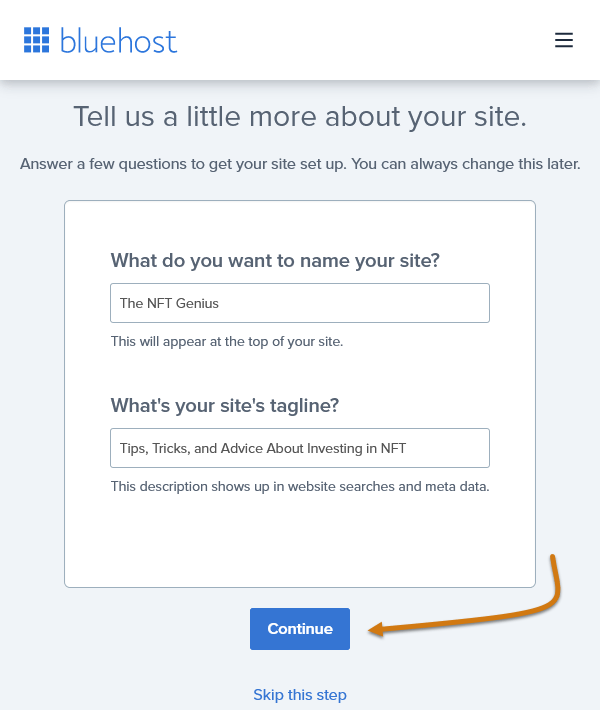 Bluehost Fill In Your Blog Name And Tagline
