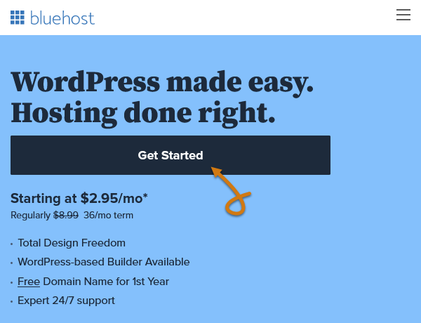 Bluehost Homepage Get Started