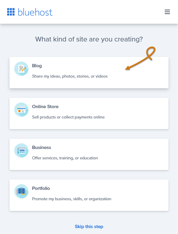 Bluehost Select The Type Of Your Site