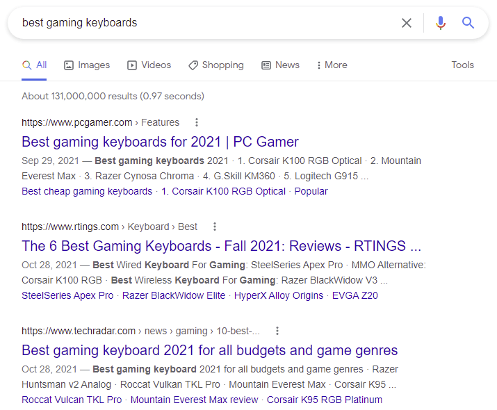 Google Search Results For Best Gaming Keyboards