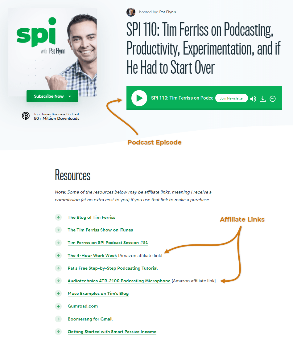 Pat Flynn Podcast With Affiliate Links Example
