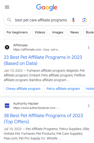 Google Search for Pet Care Affiliate Programs
