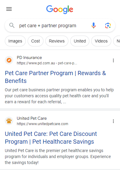 Google Search for Pet Care + Partner Program